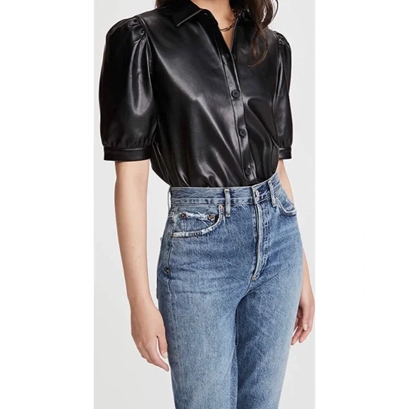BB Dakota Puff Sleeve Leather Tuxedo Top XS - Picture 1 of 10